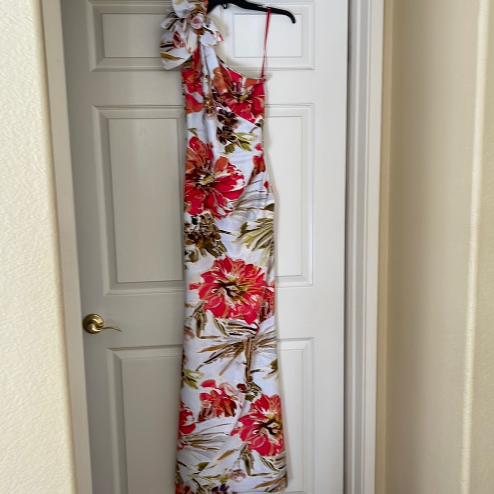 One shoulder floral evening gown